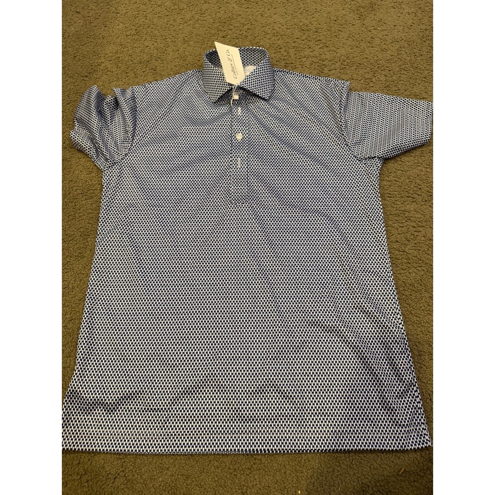 Collar And Co Mens Short Sleeve Polo Blue White Square Size Small NWT